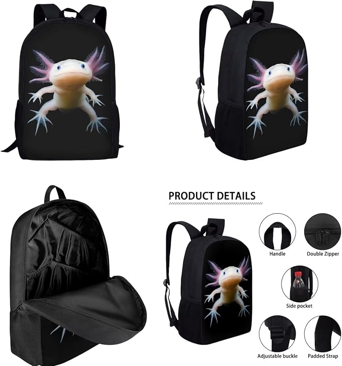Novelty Axolotl Backpack for School Girls 3rd Grade Preppy Kids Bookbag with Lunch Box Set 4PCS Elementary Student Back Pack Lunch Bag Pencil Case Water Bottle Holder Preschool Book Bags - Image 2
