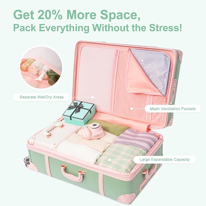 NZBZ Vintage Luggage Sets for Women Retro Suitcase Cute Vintage Expandable Luggage of 3 (Green with Pink, 20inch & 24inch & 28inch) - Image 5