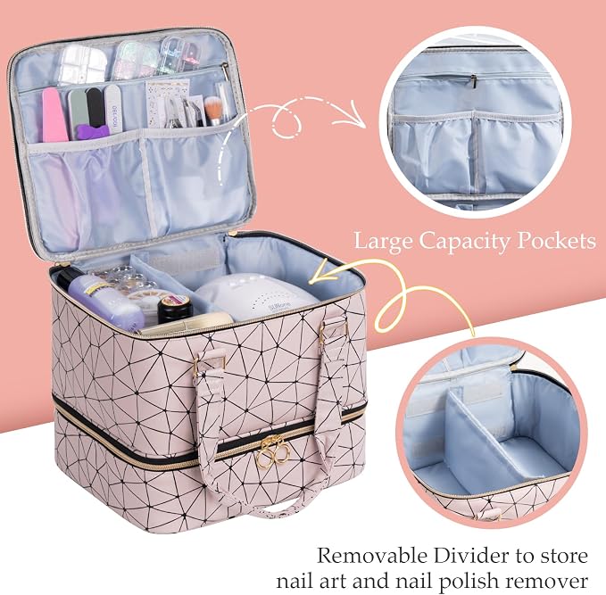 Uross Nail Polish Organizer Bag Holds 42 Bottles Nail Polish & Nail Lamp, Gel Nail Polish Organizers and Storage box for Nail Tech, Nail Kit Supplies Organizer Case - Lightpink - Image 5