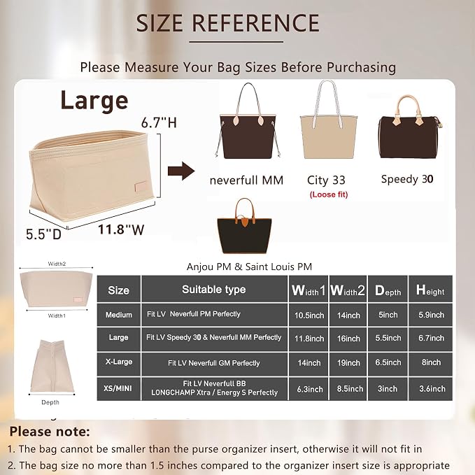 Tote Bag Organizer Insert with Base Shaper, Felt Neverfull MM Organizer, Purse Organizer Insert with Zipper Pocket and Bottle Holder, Fits Speedy 30 Neverfull MM Tote Handbags and More,Beige-L - Image 2