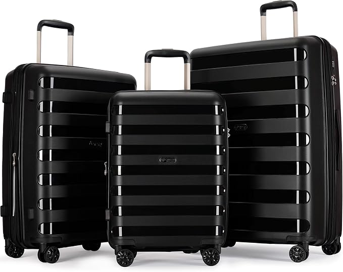 GinzaTravel PP material 3-piece expandable luggage sets with Spinner Wheels， Suitcase with TSA Lock，Large Luggage for Family Travel carry on 20/24/28，Black color by GinzaTravel