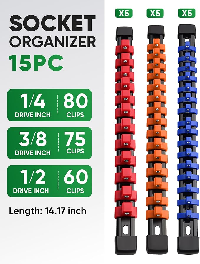 ALOANES 15PC Socket Organizer, Socket Rails Fit 1/2", 1/4" and 3/8" Drive | Portable Heavy Duty ABS Socket Holders Hold up 215 Sockets for Toolbox Drawer Bags(5 Color) - Image 2