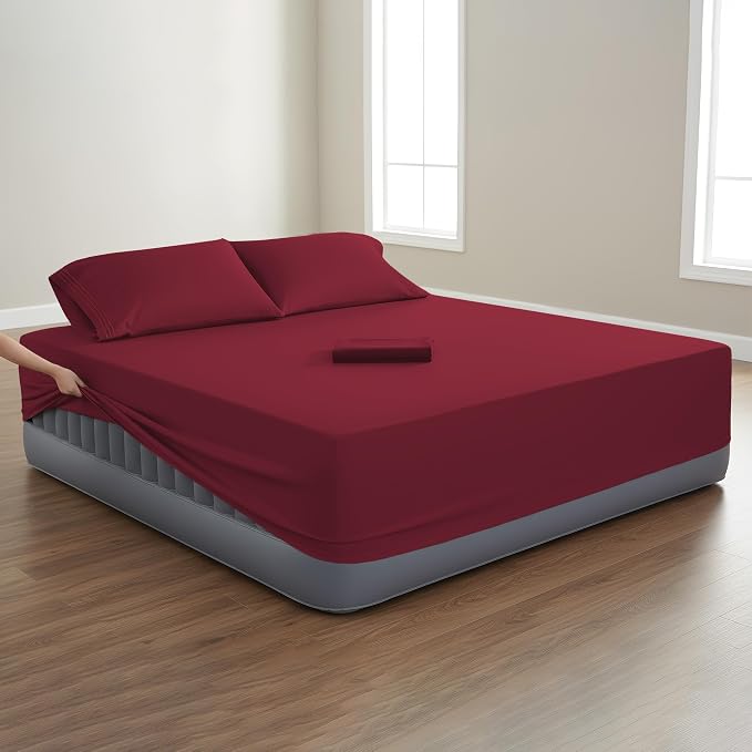 Mocassi 4-Piece Extra Deep Pocket 16-24 Inch Air Mattress Bed Sheet Set- 4PC Sheet Set with Smart Pockets Ideal for Air Beds, RVs, Camping and Guest Rooms Premium Hotel Quality, Cal King, Burgundy - Image 2