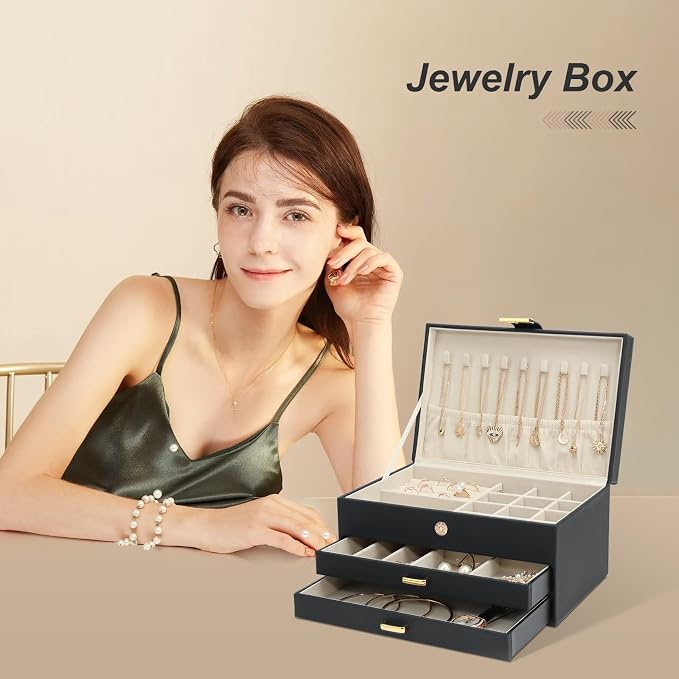 Jewelry Boxes for Women, Jewelry Holder Organizer for Christmas Gift, Jewelry Boxes & Organizers for Rings Earring Necklace Bracelet Watch, Black - Image 3