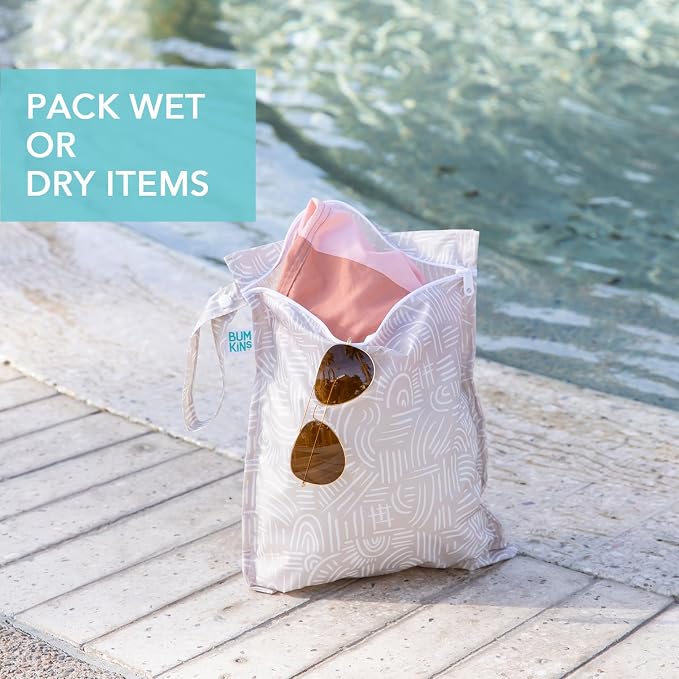 Bumkins - Waterproof Wet Bag, Wet/Dry Clutch & Clear Travel Bags - For Beach, Baby, Travel, Cloth Diapers, Pump Parts, Pool, Gym, Toiletries - Reusable & Easy to Clean - Boho Beige - 5 Pack - Image 3