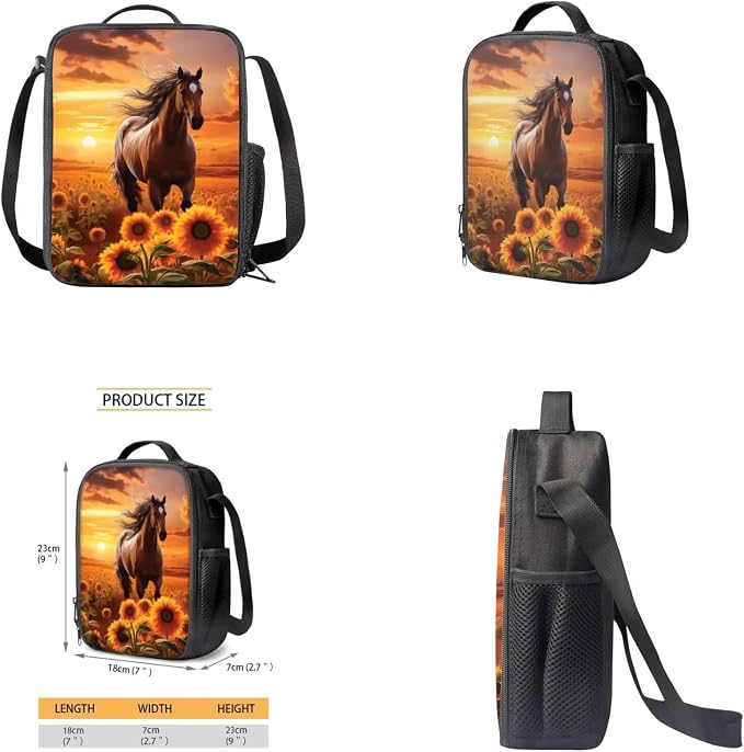 Sunflower Horse Backpack for Girls Kids Backpack with Lunch Box Water Bottle Carrier with Strap and Soft Pencil Case 4PCS Set Bookbag with Front Pocket for School Teens 17" Large School Bag - Image 4