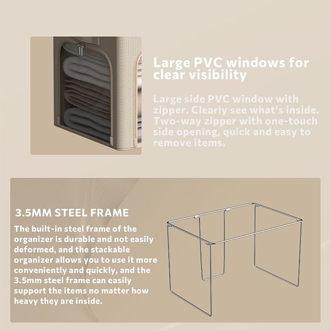 3Pack Clothes Storage Bins - Oxford Frame Storage Box Foldable Stackable Storage Organizer with 3 Openings Design, Metal Frame, Clear Window, Carry Handles (Beige, 100L-23.6 * 16.5 * 15.7in) - Image 7
