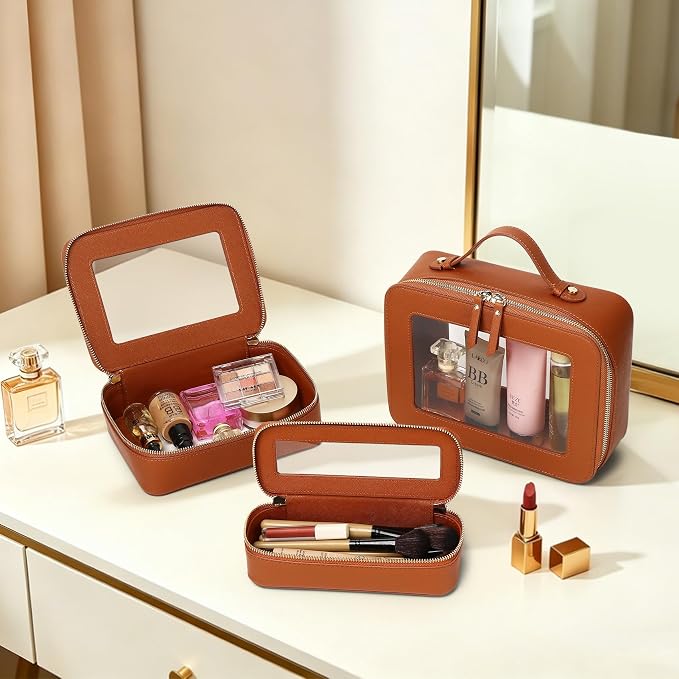 Travel Makeup Set, Brown, L+M+SLIM | Waterproof, Transparent Cosmetic Bag, Toiletry Bag, Makeup Brush Case with Zipper, Car Essentials for Women - Image 2