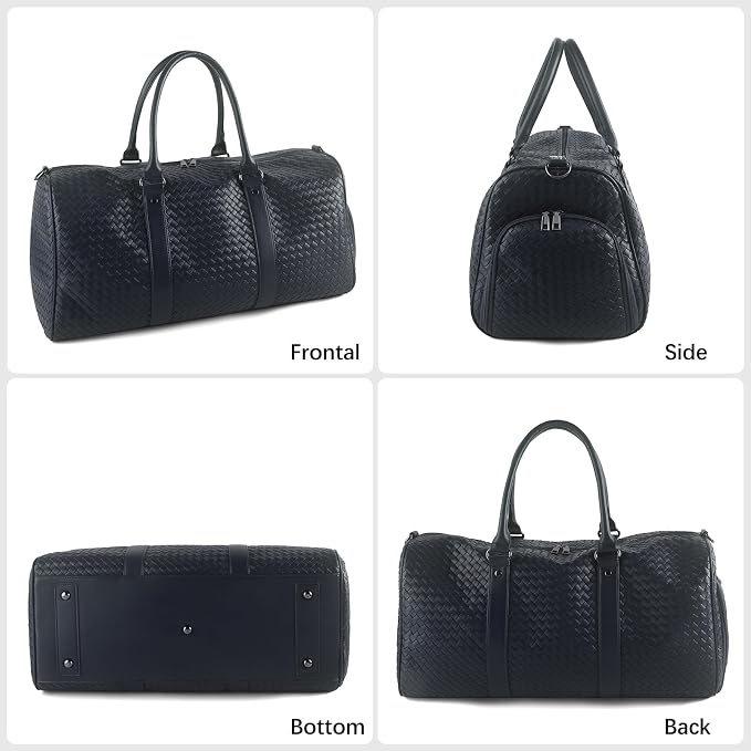 Weekender Bag for Women Men Water-resistant Gym Tote, Leather Woven Travel Duffel Bags with Shoe Compartment - Image 3