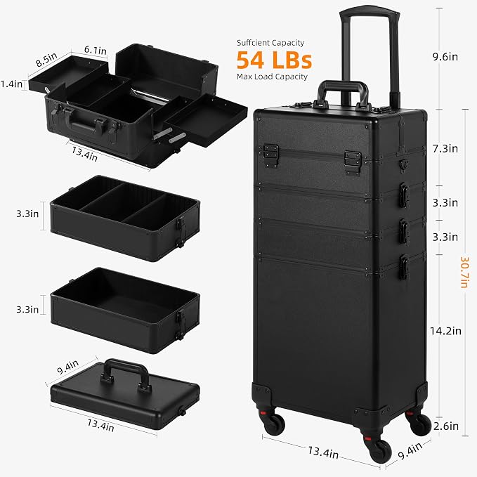 Somduy Rolling Makeup Case, Makeup Train Case with Lid, 5 in 1 Cosmetology Case on Wheels, Christmas Gift, Large Makeup Organizers, Profesional Cosmetic Case for Salon Barber, Black - Image 5