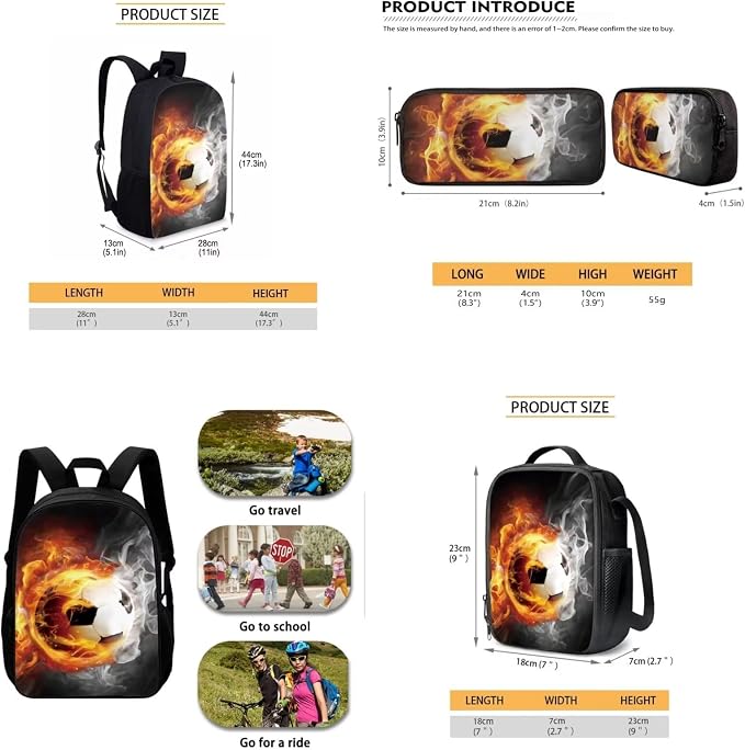 Mumeson 17" Backpack Kids School Travel Backpacks Satchel Casual Rucksack Daypack for Girls Boys,Football Print Casual Rucksack Backpack with Lunch Bag Messenger Tote Bag Pencil Bag 3 Pieces - Image 5