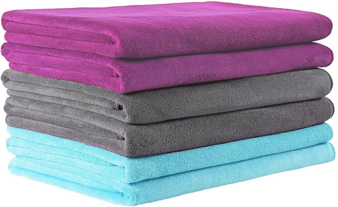 JML Microfiber Bath Towel Set, 6 Pack, 27" x 55", Purple/Grey/Light Blue | Extra Absorbent, Fast Drying, Lint Free, Fade Resistant, Hanging Loop, Multipurpose for Swimming, Fitness, Sport, Yoga by JML