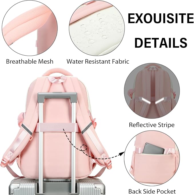School Backpack for Girls, 3PCS Laptop Backpack 15.6 Inch with Lunch Box Pencil Pouch Set for Kids Teens Elementary Middle High School College Bookbag Student Casual Travel Daypack,Pink Beige - Image 4