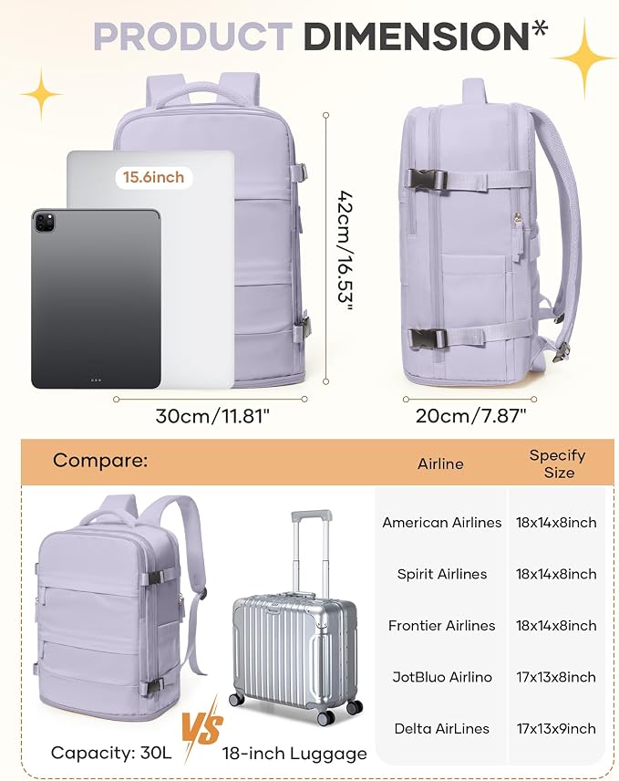 Carry On Backpack Personal Item Travel Backpack For Women Airline/Flight Approved Waterproof Sports Luggage Casual Daypack Small Hiking Backpack Purple - Image 3