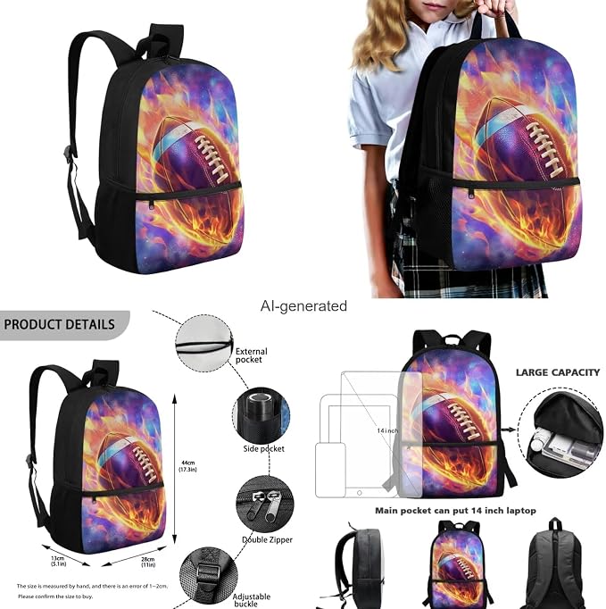 Galaxy Football Backpack for Boys Kids Backpack with Lunch Box Water Bottle Holder with Strap and Soft Pencil Case 4PCS Set Bookbag with Front Pocket for School 17" Sturdy School Bag for Girls - Image 3