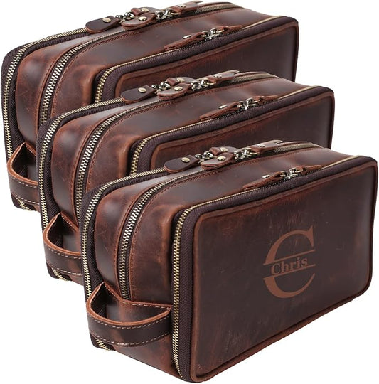 Personalized Leather Toiletry Bag for Men, 1/3/6pcs Wedding Gift Travel Shaving Dopp Kit - Cosmetic Bags Toiletries Bathroom Organizer - Groomsmen Gift(A3pcs) by ROCKCOW