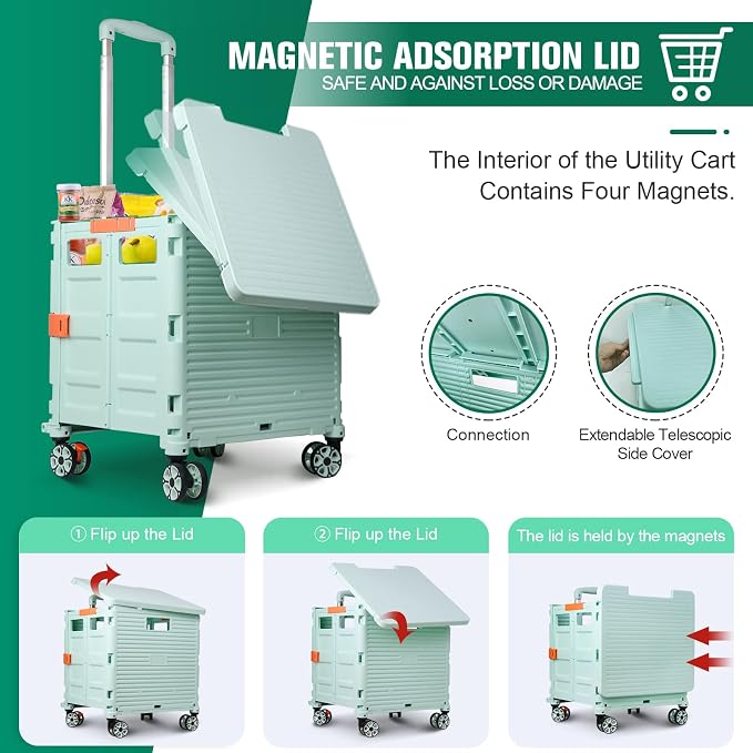 FELICON SELORSS Folding Utility Cart Portable Rolling Crate Handcart-Green | Magnetic Sliding Lid,Telescoping Handle,Plastic Box Dolly,360°Swivel Wheels for Travel Shop Move Laundry Office Teacher Use - Image 2