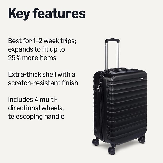Amazon Basics 26" Hardside Medium Checked Luggage, Expandable For Up to 15% More Space, With Scratch-Resistant Surface, Four Multi-directional Wheels, Black - Image 2