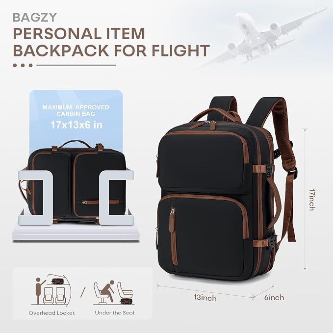 43x33x15cm Personal Item Bag Expandable 30L Travel Backpack 17x13x6 Inches Underseat Bag for Airlines Lightweight Carry on Luggage Water Resistant Flight Approved for College, Weekender Black - Image 5