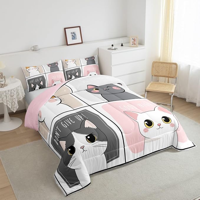 Erosebridal Kawaii Cats Comforter Set King,Pink Grey Cute Little Cat Down Comforter Adorable Kitten Animal Bedding Set for Kids Boys Girls Patchwork Cartoon Doodle Quilt Duvet Set with 2 Pillow Cases - Image 3