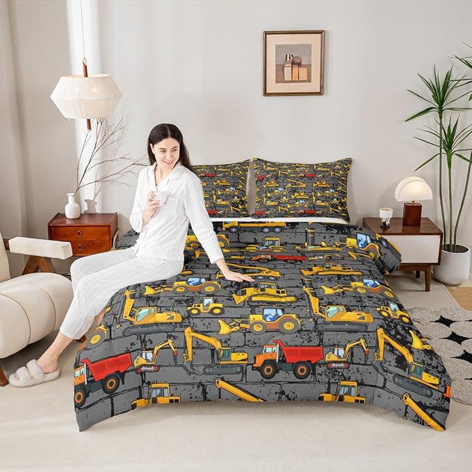 Erosebridal Excavator Comforter Set King,Tractor Construction Bedding Set for Kids Boys Teens Truck Room Decor,Cartoon Vehicle Car Bedding Comforter Construction Site Duvet Set Yellow Dark Grey 3 Pcs - Image 4