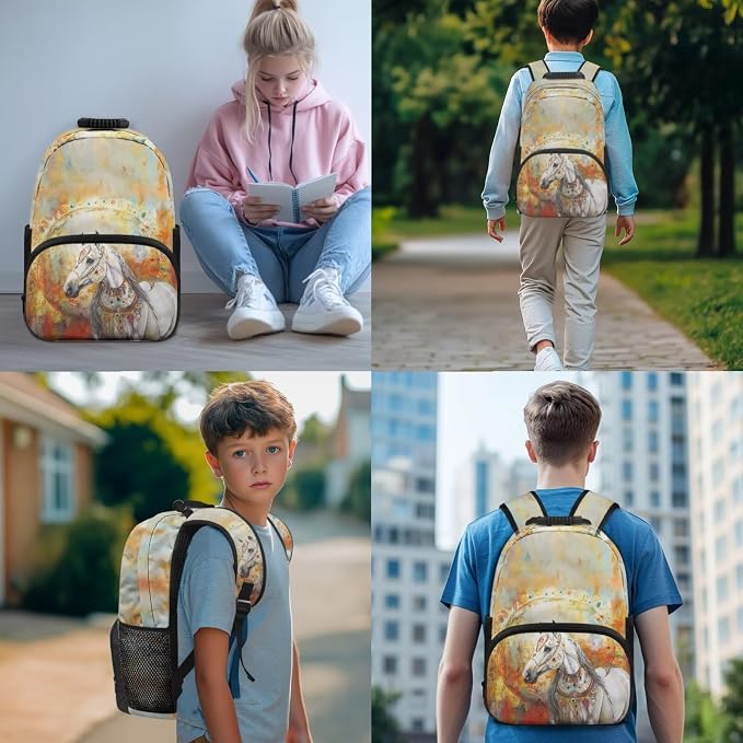 Horse Backpack for Kids Boys Preschool Elementary Backpacks with Reusable Lunch Bag Pencil Case Pouch Water Bottle Carrier Bag 4 PCS Set - Image 3