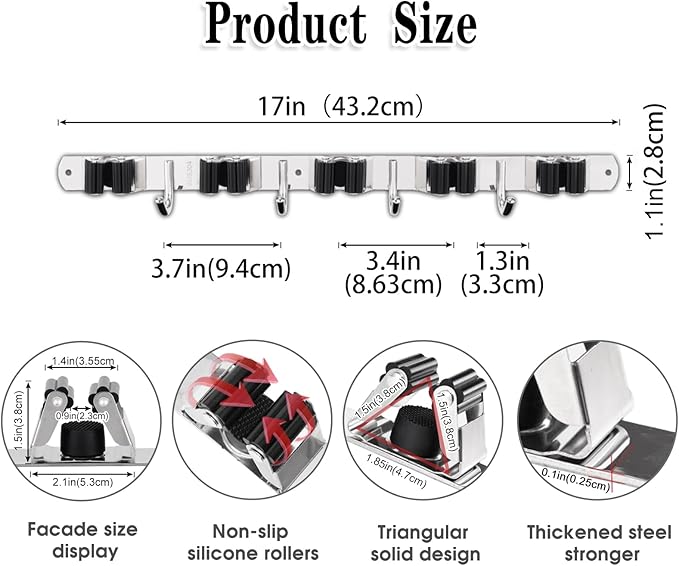 2 Pack Mop and Broom Holder Wall Mount, 5 Racks and 4 Hooks Broom Organizer Storage Tool Racks Stainless Steel Heavy Duty Hooks Self Adhesive Solid Non-slip for Home Kitchen Garden Laundry Garage - Image 3