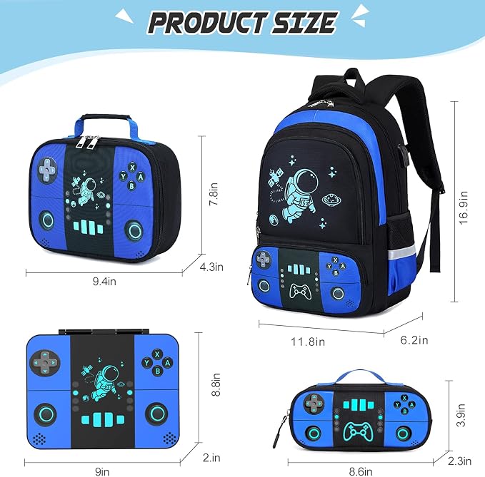 Bevalsa Backpack for Boys with 43OZ Bento Lunch Box,Insulated Lunch Bag & Pencial Case,Cool Luminous Gamer Schoolbag for Kids Teens Elementary Middle School,Bookbag Glow In The Dark - Image 2