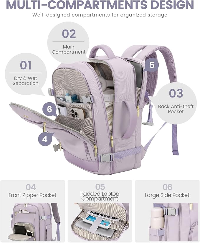 LOVEVOOK Travel Backpack For Women, 40L Carry On Backpack Flight Approved, TSA Personal Item Travel Bag Fits 17 Inch Laptop, Business Weekender Overnight Waterproof Daypack With 2 Cubes, Light Purple - Image 4
