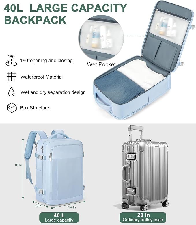 RDTGO Travel Backpack For Women,Personal Item Travel Bag Fits 17" Laptop,Flight Approved Carry-On Backpack, Hiking Backpack,Waterproof Outdoor College Casual Daypack (Blue) - Image 2