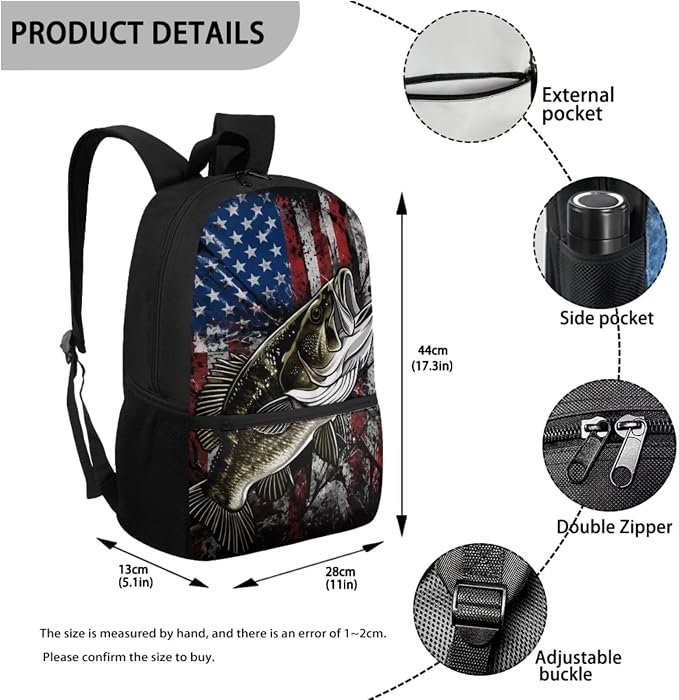 Bass Fishing American Flag Boys Backpack with Lunch Bag 4 Piece Set, Patriotic 4th of July Gift School Bag for Boys Ages 6-12, 17 Inch Durable Waterproof Elementary Bookbag - Image 3