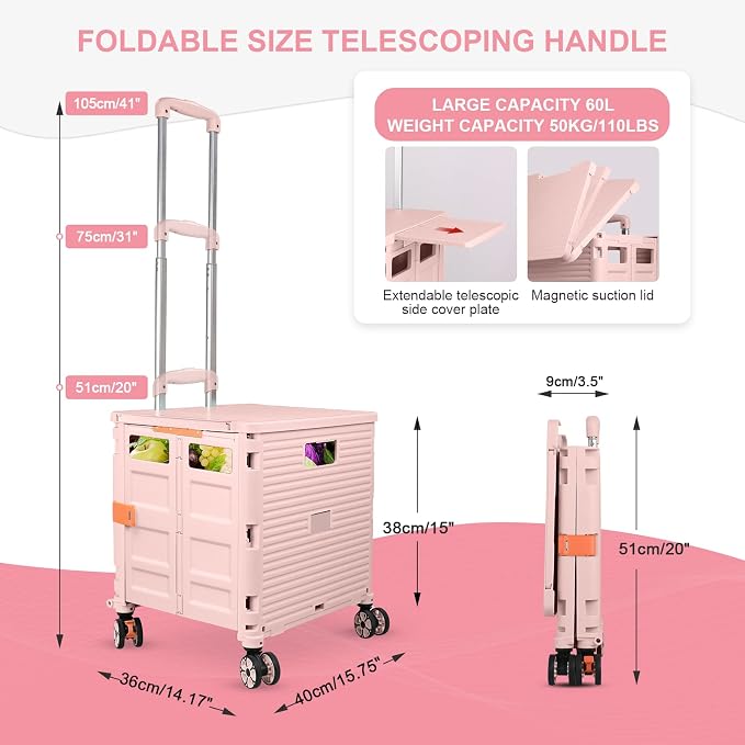 FELICON SELORSS Folding Utility Cart Portable Rolling Crate Handcart-Pink | Magnetic Sliding Lid,Telescoping Handle,Plastic Box Dolly,360°Swivel Wheels for Travel Shop Move Laundry Office Teacher Use - Image 4