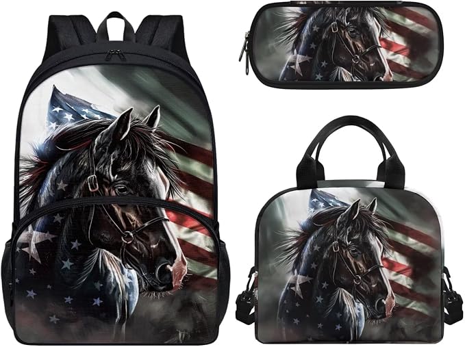 American Flag Horse Backpack Set for Kids Teen Elementary Middle School Book Bag Set Insulated Lunch Tote Bag Pencil Case School Bag 3 In 1 Daypack Knapsack by Wideasale