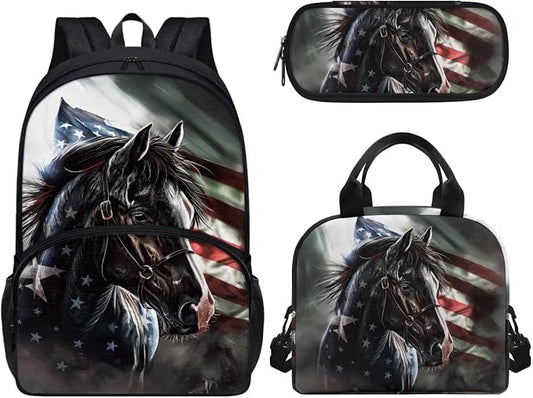 American Flag Horse Backpack Set for Kids Teen Elementary Middle School Book Bag Set Insulated Lunch Tote Bag Pencil Case School Bag 3 In 1 Daypack Knapsack by Wideasale