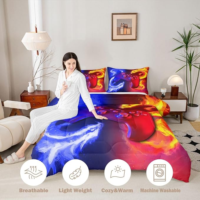Ice Fire Dragon Comforter Set for Boys Teens Kids Gamer Games Room Decor Bedding Set Blue Red Gaming Gamepad Down Comforter ,Fairy Tale Animals Theme Room Decor 2Pcs Duvet Insert King Size,Soft - Image 3