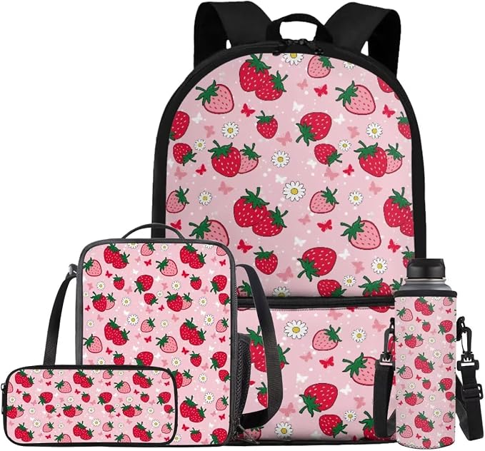 Cute Strawberry Backpack for Girls Kids Backpack with Lunch Box Water Bottle Holder with Strap and Large Pencil Case 4PCS Set Bookbag with Front Pocket for School 17" Lightweight School Bag by ELEDIZI