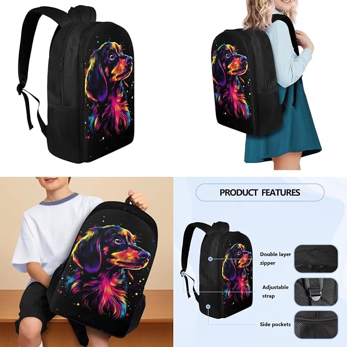 School Backpack 4 Pcs Set Include Insulated Lunch Bag and Pencil Box and Water Bottle Bag, Dachshund Painting School Bookbag Outdoor Travel Bags Casual Daypack for Teens - Image 3
