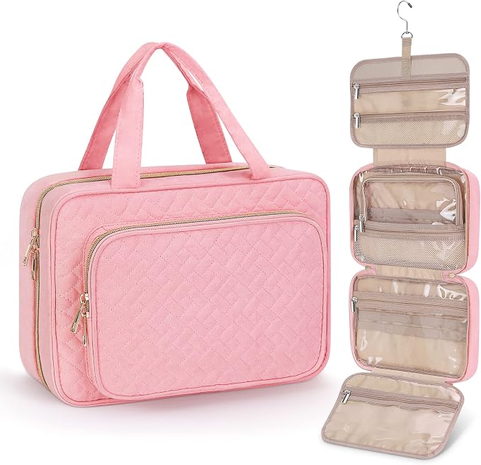 Wedama Toiletry Bag for Women, Medium Cosmetic Travel Bag, Hanging Toiletry Bag for Bathroom, Thickened PVC Waterproof Makeup Bag, Toiletries Bag for Travel Business Trips and Camping, Pink by Wedama