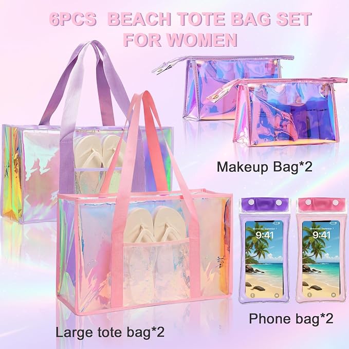 Iridescent Waterproof Beach Tote Bag for Women Large Jelly Tote Bag for Summer Travel Vacation Swim Pool - Image 6