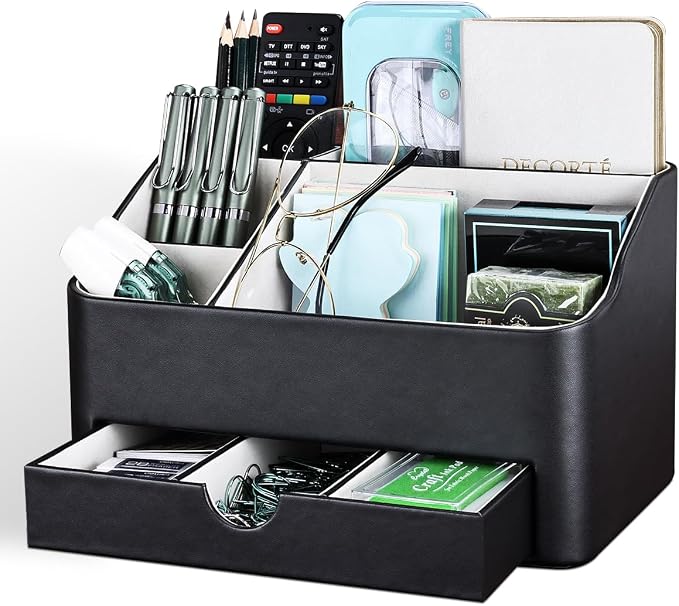 KINGFOM Leather Makeup Organizer with Drawer, Cosmetic Storage for Dresser Countertop and Bathroom Vanity, Beauty Holder for Lipstick Brush Skincare, Mother’s Day Gift for Mom(Black) - Image 3
