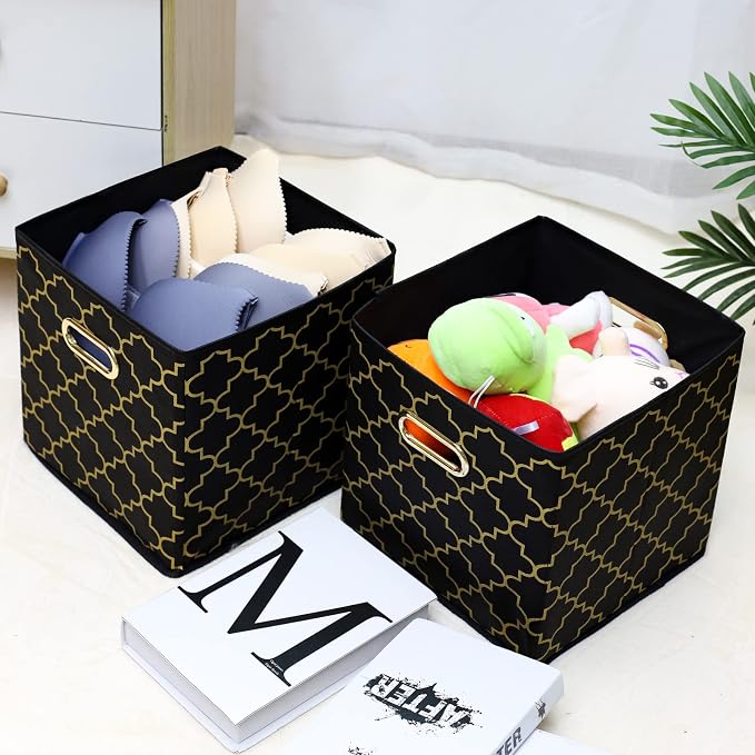 Fabric Cloth Storage Bins,Fabric Cube Organizer with Dual Handles Foldable Cube Storage Baskets for Home Bedroom Storage,Set of 3,(Black Gold) - Image 5