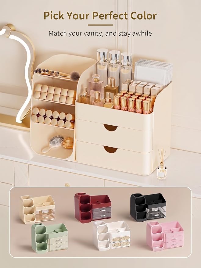 Booklov Small Makeup Organizer for Vanity and Bathroom Countertop, Cream | Plastic Cosmetic Display Case with Drawers, Beauty Brush Holder for Dresser Counter Skin Care Eyeshadow Lipstick Storage - Image 8