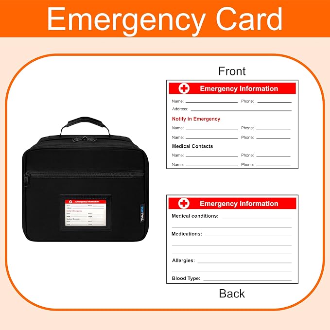 Large Pill Bottle Organizer & Medicine Bag, Emergency Card, Black | Prescription bottle organizer with emergency card, 10 pockets and padded storage for medications, supplements, vitamins - Image 5