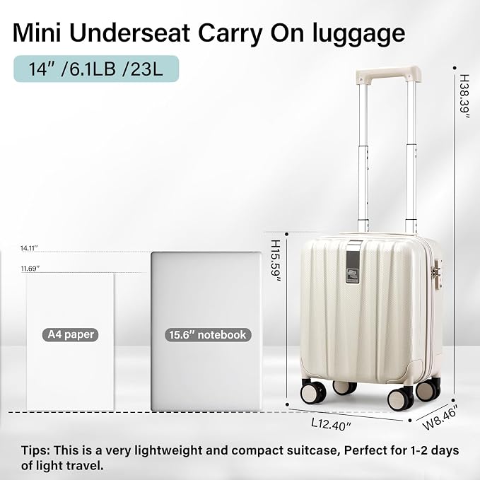 Hanke 14 Inch Underseat Carry On Luggage with Wheels, Lightweight, Waterproof, TSA-Approved, Suitcase, Ivory White - Image 3