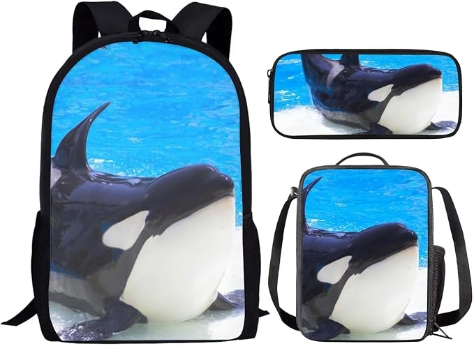 Kids Novelty Animal Backpack and Lunch Box for Boys Girls Student Lightweight 17 Inch School Killer Whale Orca Backpack with Lunch Bag Pencil Case Kids Comfy Padded Black Large Bookbag - Image 2