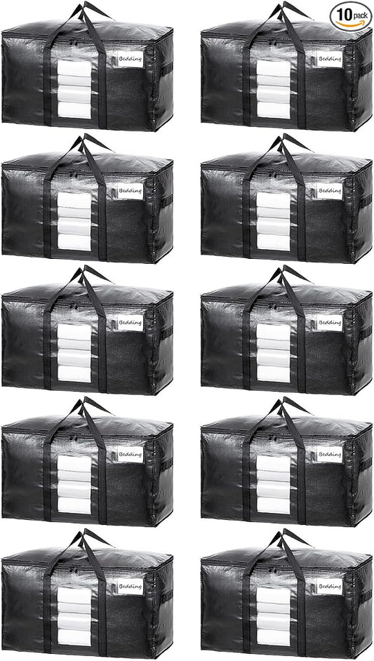 TAILI Extra Large Moving Bags, 10 Pack Black Heavy Duty Totes For Storage with Visible Window, Wrap Around Handles, Storage Bags for Space Saving, Alternative to Moving Boxes by TAILI