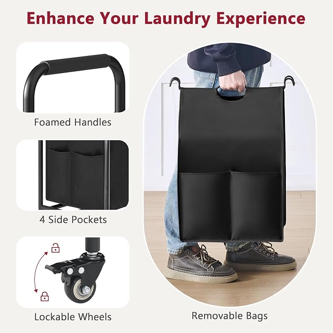 Tajsoon 5 Bag Laundry Sorter Cart, Laundry Hamper Sorter Basket with Heavy Duty Lockable Rolling Wheels for Clothes Storage, 5 Colors - Image 5