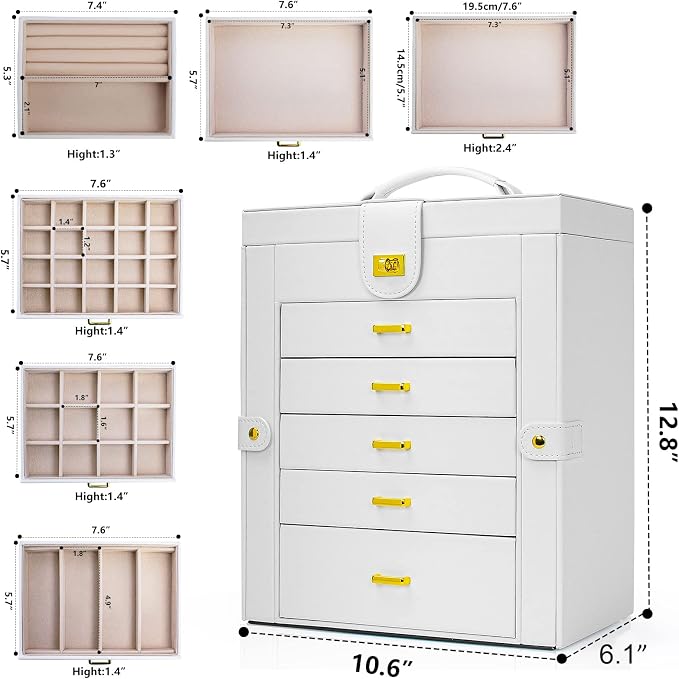 AKOZLIN 6-Tier Jewelry Box Organizer Functional 5 Drawers Leather Jewelry Storage Case for Women Girls Ring Necklace Earring Bracelet Holder Organizer with Mirror White Large - Image 6