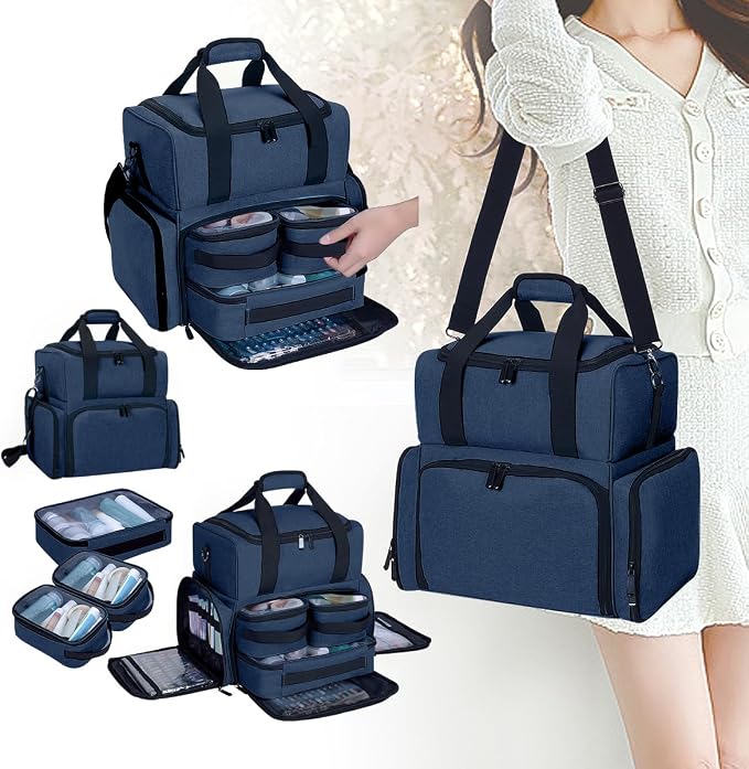 Large Makeup Bag Double Layer with 3 Removable Case,Blue | Large Makeup Bag with 3 Removable Case and 2 Removable Dividers Double Layer Travel Cosmetic Makeup Brushes Storage Section - Image 8