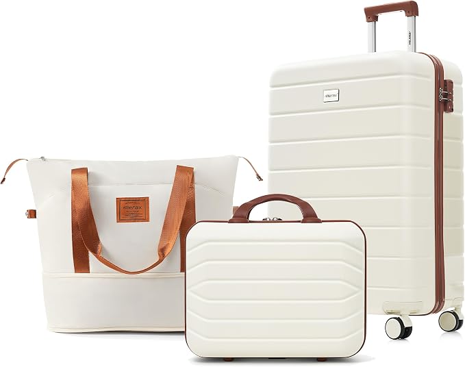 Hardside Luggage Sets, Lightweight Stripes Suitcase with Spinner Wheels, Ivory/Brown 20 by Merax